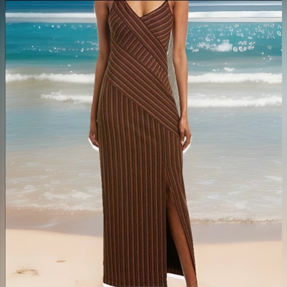 BCBGMAXAZRIA Directional Stripe Maxi Dress Tiger Eye XS NWT MSRP $198 Stylish